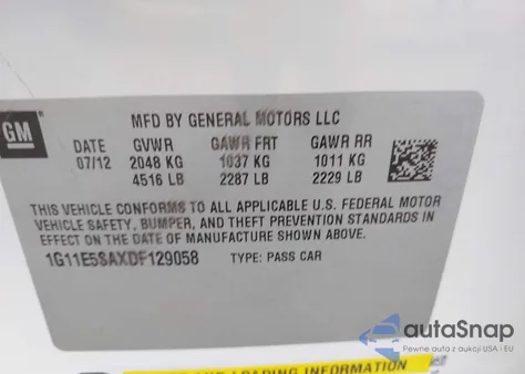 2013 Chevrolet Malibu 2Lt из США, поврежденный, VIN 1G11E5SAXDF129058